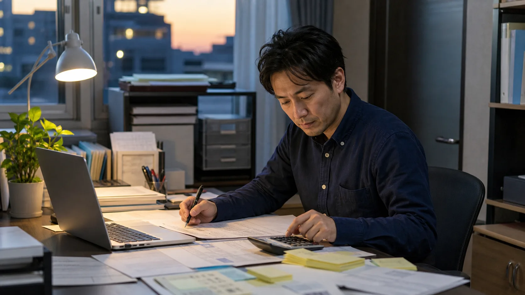 夕方のオフィスで、書類や電卓に囲まれて手作業をしている担当者