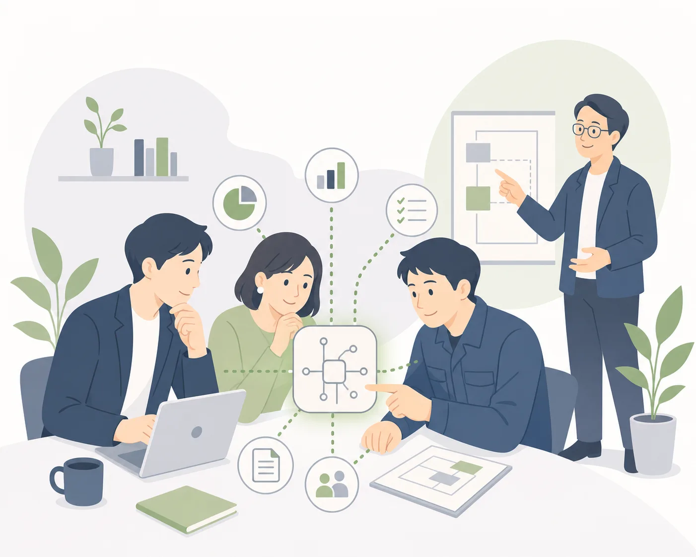 経営層、業務を知る人、推進役、メンターが協働する図